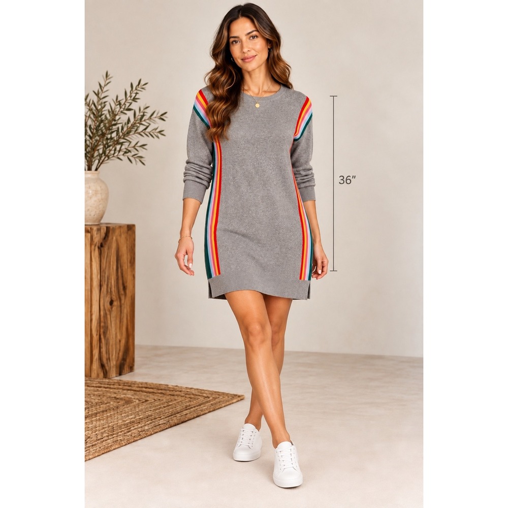 Boden Sweater Dress US 8 Gray Rainbow Stripe Wool Cotton Knit Long Sleeve.